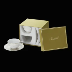 Christofle Set of 2 Porcelain Tea Cup and Saucers Gold Finish