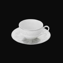 Christofle Set of 2 Porcelain Tea Cup and Saucers Platinum Finish