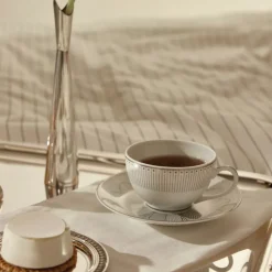 Christofle Set of 2 Porcelain Tea Cup and Saucers Platinum Finish