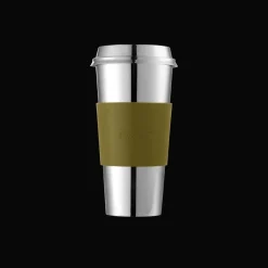 Christofle Stainless Steel Coffee Cup with Imperial Green Leather Grip
