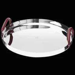 Christofle Stainless Steel Mirror Polished Round Tray with Leather Handles - 16 in